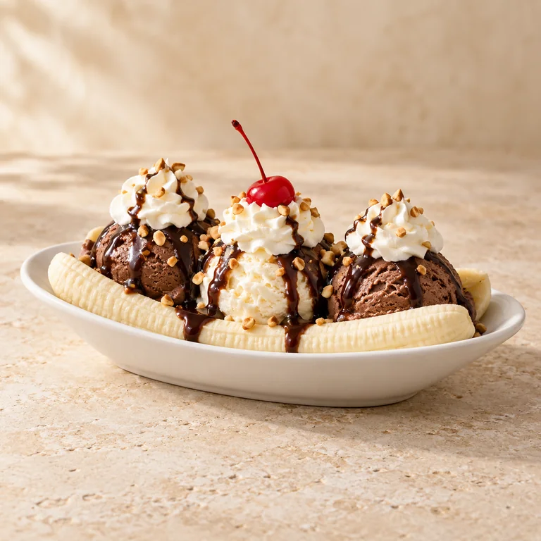 Banana Split mit Eis, Sahne und Schokoladensauce