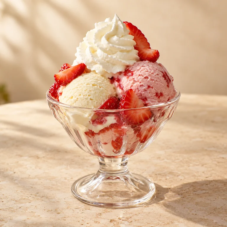 Erdbeereisbecher mit frischen Erdbeeren und Sahne