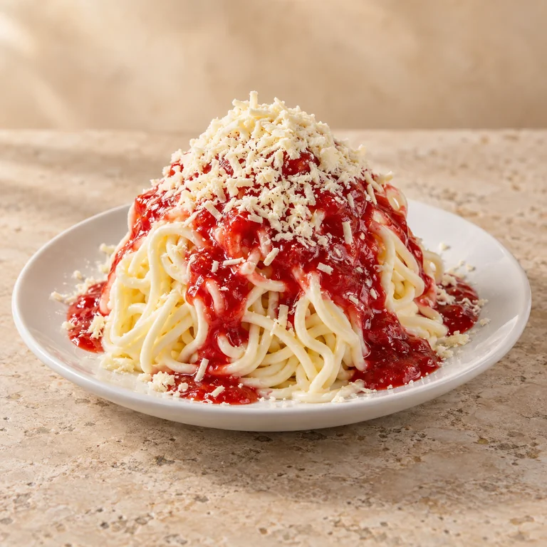 Spaghetti-Eis mit Erdbeersauce und weißer Schokolade